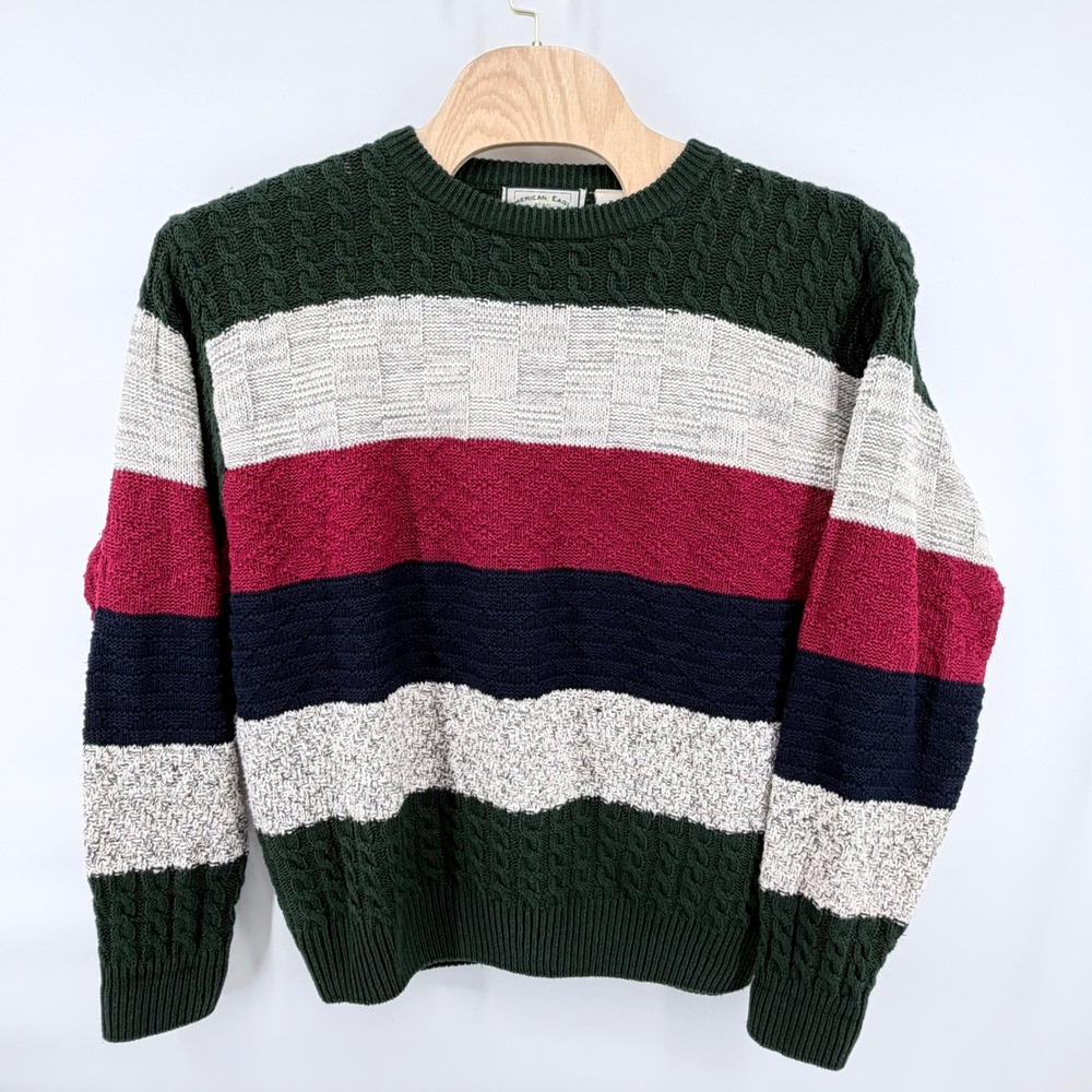 Vintage American Eagle Cable Knit Sweater Mens XL Striped Ramie Cotton Crewneck